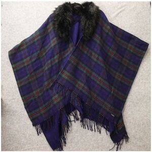 Ralph Lauren Reversible‎ Ruana Womens Blue Green Tartan Faux Fur Poncho Wrap OS
